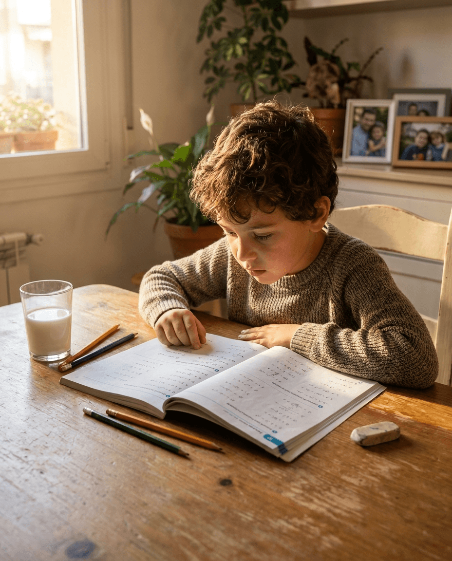 Niño haciendo un cuaderno de refuerzo impreso sobre la mesa de la cocina